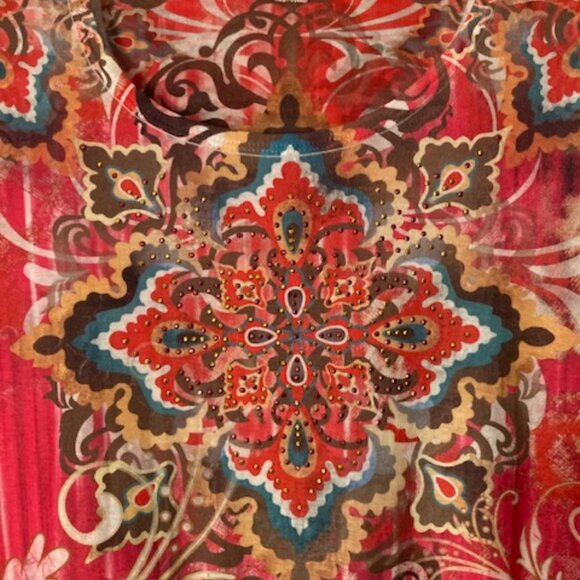 Style & Co. Tops - Style & Co Bright Cheery Multi Color Short Sleeve Bling Front Round Neck Sz M